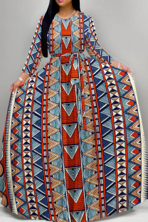 Red Blue Elegant Print Patchwork Strap Design O Neck Long Dresses