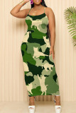 Green Casual Print Patchwork Backless Spaghetti Strap Sling Dresses