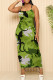 Green Casual Print Patchwork Backless Spaghetti Strap Sling Dresses