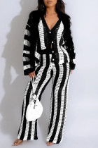 Black White Casual Daily Stripe Buttons Weave Contrast V Neck Long Sleeve Two Pieces