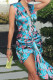 Blue Sexy Print Patchwork Ruched V Neck Wrapped Skirt Dresses