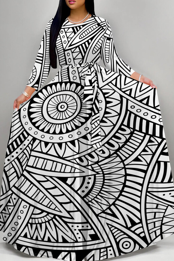 Black And White Elegant Print Patchwork Strap Design O Neck Long Dresses