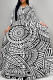 Black And White Elegant Print Patchwork Strap Design O Neck Long Dresses