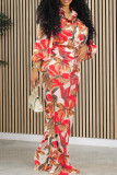 Red Casual Print Buckle Buttons Patchwork Turndown Collar Long Sleeve Two Pieces
