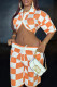 Orange Casual Colorblock Draw String Pocket Buttons Patchwork Turndown Collar Half Sleeve Two Pieces