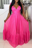 Red Sexy Casual Solid Color Backless Cross Straps Deep V Neck Long Dresses