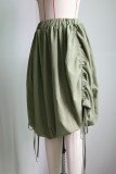Army Green Casual Solid Color Draw String Patchwork Loose High Waist Patchwork Bottoms