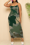 Green Casual Print Patchwork Backless Spaghetti Strap Sling Dresses