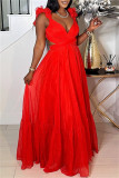 Red Sexy Casual Solid Color Backless Cross Straps Deep V Neck Long Dresses