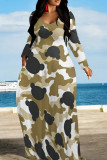 Green Casual Print Patchwork O Neck Long Dresses