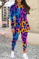Blue Purple Casual Print Patchwork O Neck Long Sleeve Two Pieces