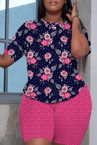 Blue Red Casual Floral Print Basic O Neck Short Sleeve Two Pieces