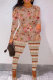 Light Brown Casual Floral Print Basic O Neck Short Sleeve Two Pieces