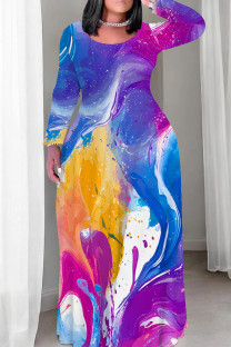 Blue Orange Elegant Print Patchwork O Neck Long Plus Size Dresses
