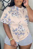 Apricot Casual Floral Print Basic O Neck Short Sleeve Two Pieces