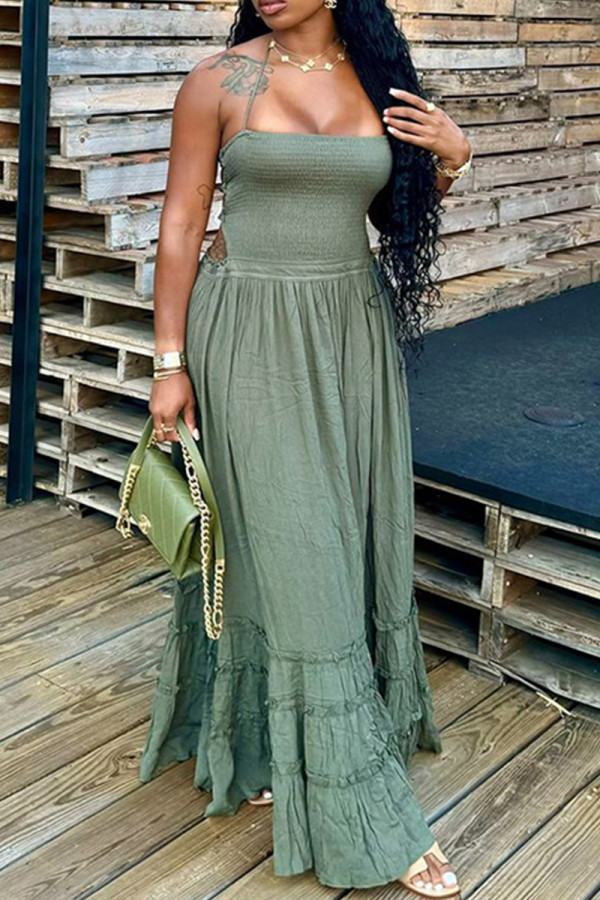 Green Elegant Solid Color Patchwork Backless Spaghetti Strap Sling Dresses