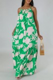 Green Casual Print Backless Spaghetti Strap Long Dresses