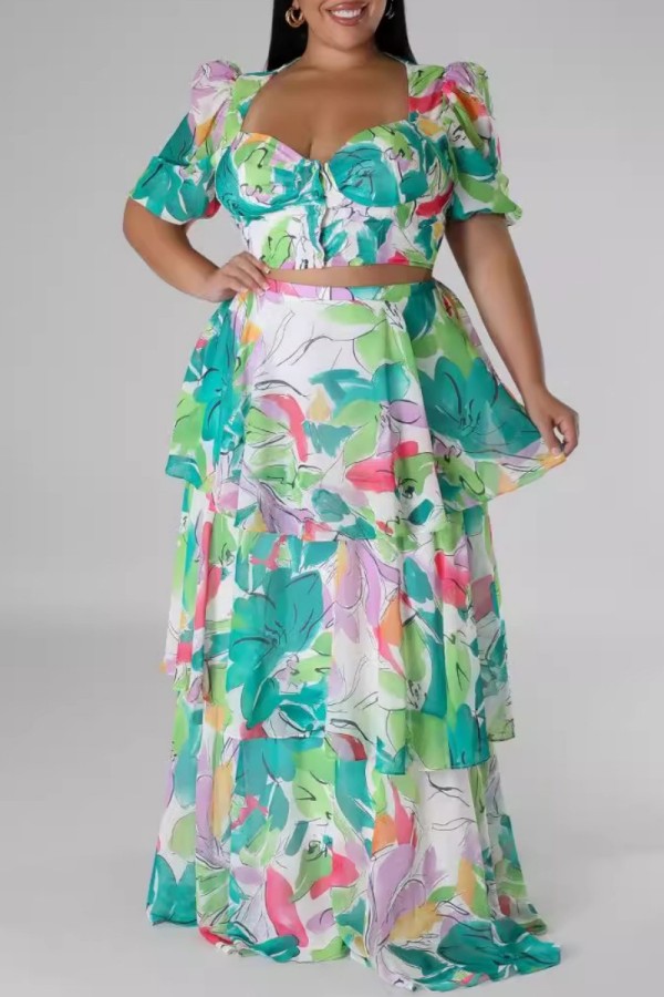 Green Casual Print Hollow Out Square Neck Long Dresses
