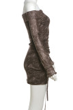Brown Elegant Print Draw String Patchwork Backless Off Shoulder Long Sleeve Two Pieces