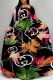 Black Elegant Floral Print Letters Leopard Lace Up Contrast O Neck Printed Dresses