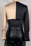 Black Elegant Patchwork Contrast V Neck Tops