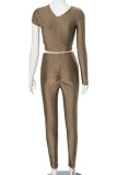 Coffee Sexy Solid Color Hollow Out Patchwork V Neck Long Sleeve Two Pieces