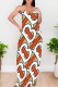 White Orange Casual Letters Patchwork Backless Spaghetti Strap Sling Dresses