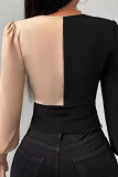 Black Elegant Patchwork Contrast V Neck Tops