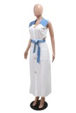 White Casual Patchwork Hollow Out Slit V Neck Dresses