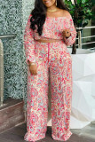 Multicolor Casual Street Daily Mixed Printing Printing Off the Shoulder Long Sleeve Two Pieces