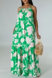 Green Casual Print Backless Spaghetti Strap Long Dresses