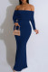 Tibetan Blue Sexy Solid Color Off Shoulder One Step Skirt Dresses