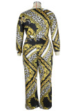 Green Casual Knitting Print Patchwork Oblique Collar Regular Plus Size Jumpsuits