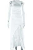 Black Sexy Solid Color Patchwork High Slit Ruched Oblique Collar Long Dresses