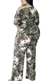 Green Casual Knitting Print Patchwork Oblique Collar Regular Plus Size Jumpsuits