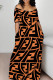 Orange Black Casual Letters Pocket Patchwork Backless Off Shoulder Long Dresses