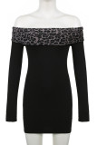 Black Sexy Leopard Print Patchwork Backless Off Shoulder Wrapped Skirt Dresses