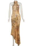 Leopard Print Elegant Leopard Print Patchwork Backless Strap Design Halter Irregular Dresses