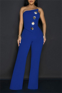 Blue Casual Solid Color Backless Strapless Bodycon Jumpsuits