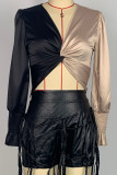 Black Elegant Patchwork Contrast V Neck Tops