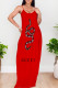 Red Sexy Letters Patchwork Backless Spaghetti Strap Sling Dresses