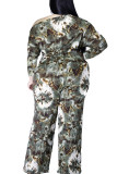 Green Casual Knitting Print Patchwork Oblique Collar Regular Plus Size Jumpsuits