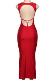 Red Sexy Solid Color Patchwork Backless Asymmetrical Collar Long Dresses