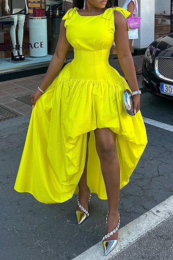 Fluorescent Yellow Elegant Solid Color Patchwork Strap Design O Neck Irregular Dresses