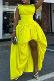 Fluorescent Yellow Elegant Solid Color Patchwork Strap Design O Neck Irregular Dresses