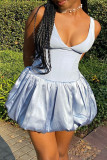 Light Blue Sexy Solid Color Patchwork V Neck Sling Dresses
