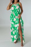 Green Casual Print Backless Spaghetti Strap Long Dresses