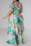 Green Casual Print Hollow Out Square Neck Long Dresses