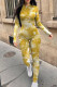 Yellow Casual Print Patchwork Zipper O Neck Skinny Jumpsuits