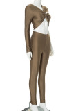Coffee Sexy Solid Color Hollow Out Patchwork V Neck Long Sleeve Two Pieces